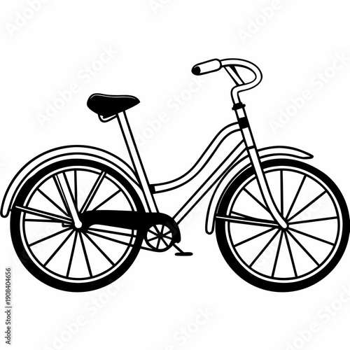 Black and white line art illustration of a classic bicycle