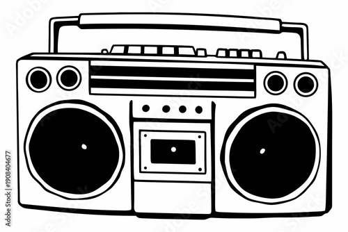 Hand-drawn vintage boombox illustration in black and white.