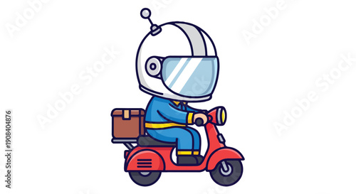 Cute cartoon delivery man in white helmet riding red scooter with package box, vector illustration isolated on white