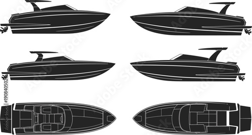 Collection of modern speedboat silhouettes showing luxury powerboats in side and top views isolated on white background for marine industry and nautical graphic design