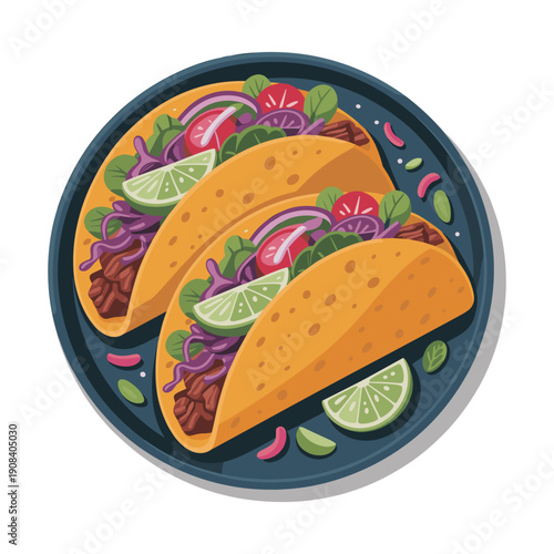 Delicious tacos on a plate with fresh lime and vegetables