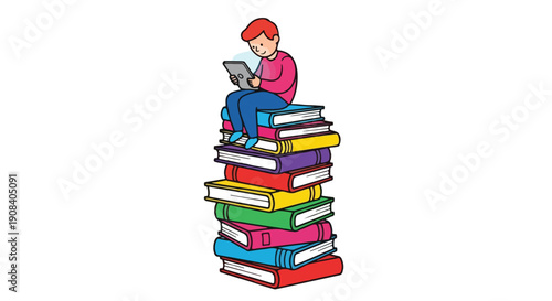 Vector illustration of a boy with red hair sitting on a tall stack of colorful books, reading a digital tablet, isolated on white