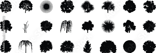 Large collection of diverse tree silhouettes featuring various species and botanical shapes isolated on white background for landscape architecture gardening and nature graphic design