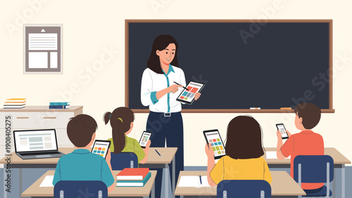 Modern classroom scene showing a female teacher using a digital tablet to instruct children who are also using their own devices.