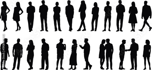 Large set of diverse people silhouettes standing in different poses and interacting gestures isolated on white background for minimalist graphic design projects
