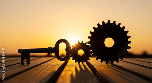 A silhouette of a key and gears on a wooden surface at sunset with vibrant colors