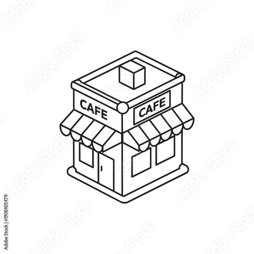 Isometric black and white cafe building with awnings and signage