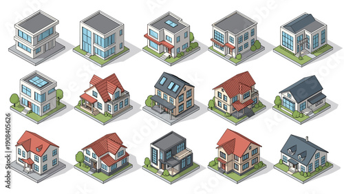 Extensive collection of modern isometric house designs in various architectural styles with small gardens and surrounding landscaping.
