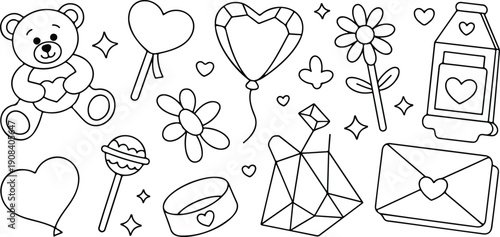Hand drawn flowers and hearts vector design set for love and celebration cards