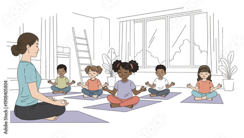 Peaceful scene of a diverse group of young children practicing yoga and meditation with a female instructor in a bright classroom.