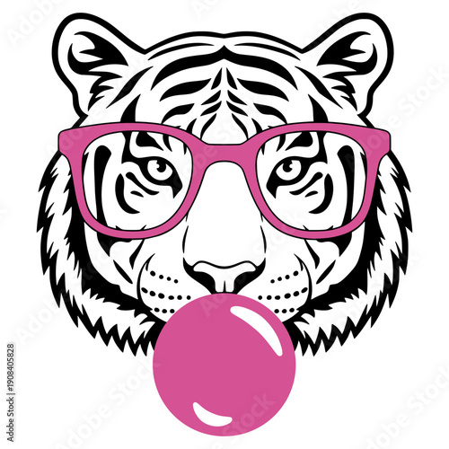 Tiger Wearing Glasses Blowing Bubble Gum Illustration, Funny Cool Animal Character, Modern Pop Art Style Design