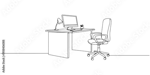 Continuous one line of an ergonomic work desk with office chair, depicting productivity in the work space, drawn illustration.