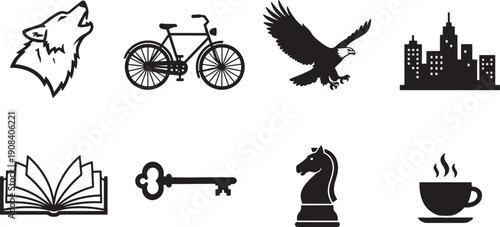 Black and white icons of various objects on white background