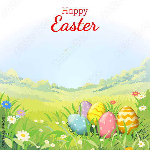 Happy Easter square vector illustration with colorful painted eggs in green grass on spring landscape background with flowers and copy space for text.