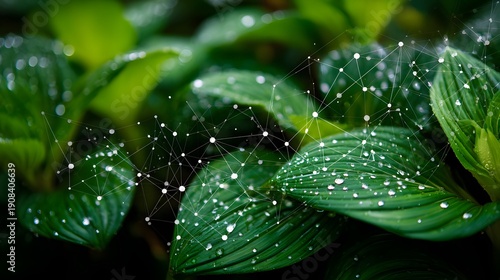 Close-up of Lush Green Leaves with Sparkling Dewdrops and Subtle Digital Network Overlay.