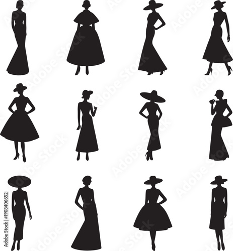 silhouettes of women in dresses and hats
