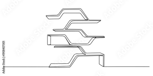 Continuous one line of a tiered bookshelf with geometric design, symbolizes stylish storage, drawn illustration.