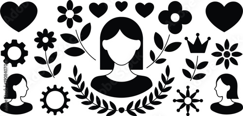 Black Cat and Black White Animals Silhouette Vector Set with Floral Tribal Ornament Design