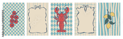 Whimsical Italian food frame illustration with lace border. Summer beach and seafood inspiration from Amalfi Coast for menu, picnic poster, kitchen print and art.