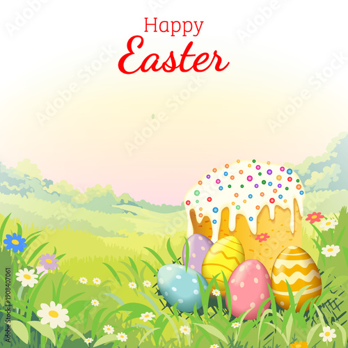 Happy Easter square vector illustration with colorful painted eggs and traditional cake in spring garden with flowers and copy space for text.