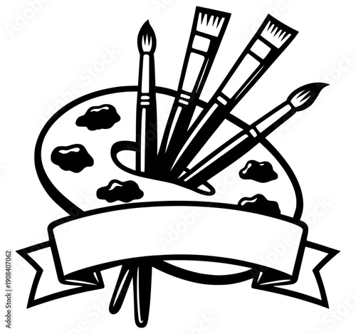 Artist Paint Palette With Brushes Logo Illustration, Creative Art Studio And Painter Emblem Design