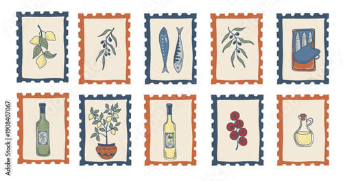 Decorative postal stamp illustrations inspired by Italian cuisine, featuring citrus, olive oil, tomatoes, fish and vintage travel postcard design.