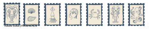 Timeless Italian stamp illustrations with seafood, antipasto, wine, citrus and Mediterranean coastal food details.