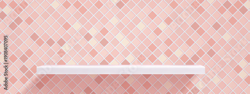 Shelf pink kitchen with wall pool 3d and bathroom tile product. Background counter texture with simple grid table and ceramic illustration isolated. Podium white shelf with seamless light wall.