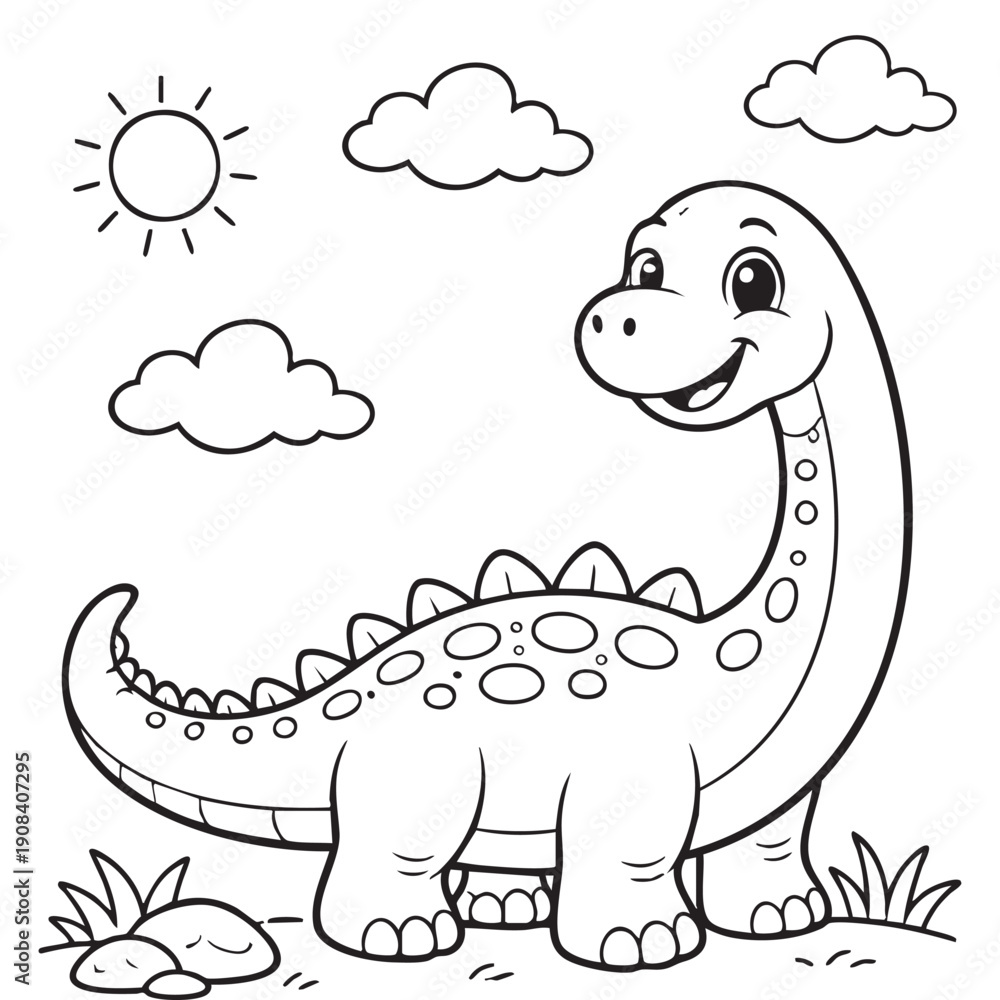 Obraz premium Cute Hand Drawn Dinosaur Coloring Page for Kids Fun Cartoon Dino Outline Illustration