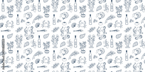 Seamless Mediterranean pattern with lobster, mussels, sardines and coastal food illustrations inspired by Italian cuisine.