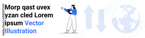 Female holding tablet pointing at graphics of upward and downward arrows beside a globe. Ideal for technology, communication, globalization, networking, education, business, simple landing page