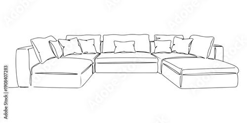 Continuous one line of a modular sofa with decorative cushions, depicting the concept of a versatile lounge, drawn illustration.