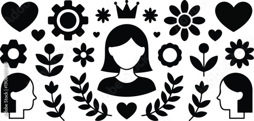 Black Cat and Black White Animals Silhouette Vector Set with Floral Tribal Ornament Design