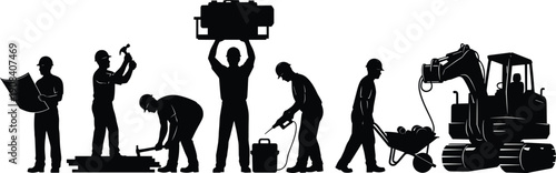 Construction worker silhouette set with excavator builder engineer holding blueprints hammering drilling carrying equipment wheelbarrow industrial building site flat vector