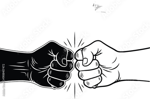 Unity and Diversity Fist Bump Hand Gesture Line Art Illustration Isolated on White