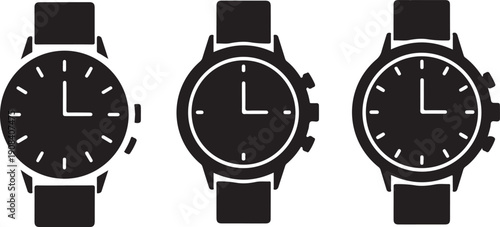 Black and white watch faces with different band and clock hand positions watches clocks silhouettes