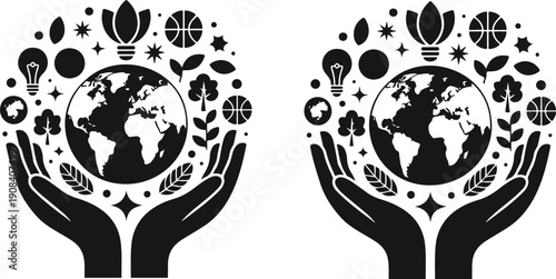 Abstract hand print with green leaves holding a globe representing global care and environmental protection concept