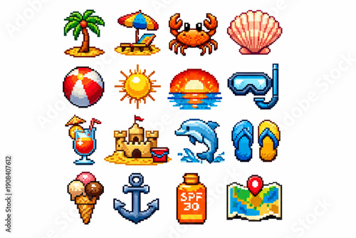 Colorful Pixel Art Summer Beach & Vacation Icon Set – Retro 8-Bit Game Style Illustration