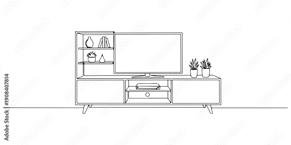 Fototapeta premium Continuous one line of a low TV cabinet with open shelves, depicting functional living room furniture, drawn illustration.