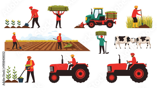 Detailed set showing various modern farming activities including harvesting crops, driving tractors, and managing livestock in the fields.