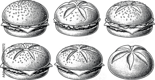 Vintage engraved hamburger and sesame bun detailed fast food illustration set