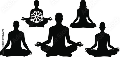 A black and white silhouette illustration of multiple people in various meditation and yoga poses against a white background