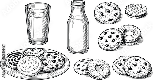 Vintage engraved milk glass bottle and assorted cookies illustration collection