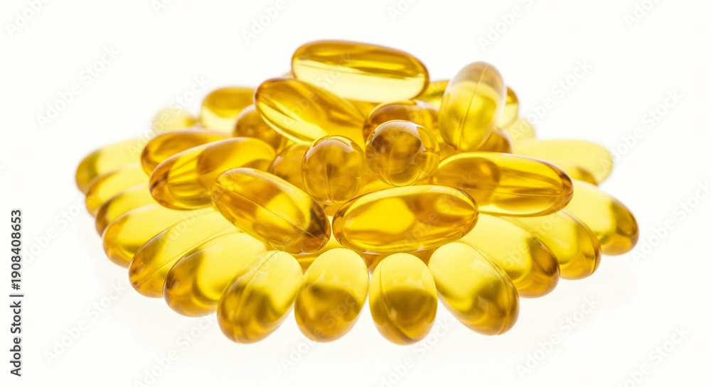 Fototapeta premium ''Golden Omega-3 Fish Oil Capsules Arranged in a Cluster on a Clean White Background, Highlighting Health and Wellness Benefits''