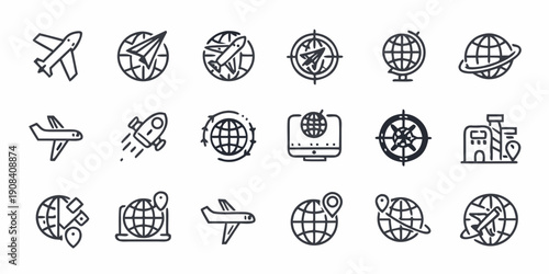 Collection of travel and transportation icons in a linear style