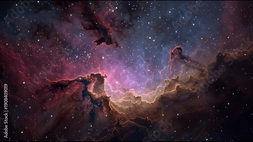 Dramatic cosmic nebula with glowing gas clouds and starfield in vivid purple and gold hues