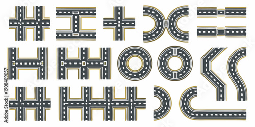 Various road intersection and highway segment arrangements in a graphic style