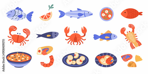 Colorful illustration of various seafood shellfish and prepared dishes