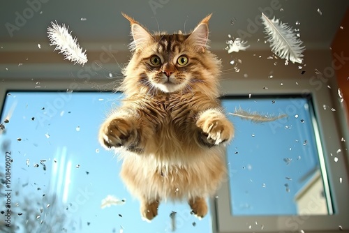 An energetic cat leaping into the air with feathers floating around in a bright indoor setting.
