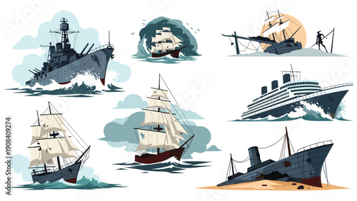 Various ship illustrations featuring battleship sailboats ocean liner and shipwrecks in different maritime scenes.